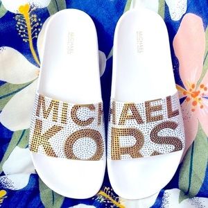 Brand New Michael Kors Flocked Eva Sole White Gold Studded Bling Slides Sandals